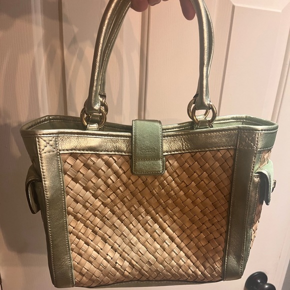 Coach Woven Straw Rattan Leather Suede Gold Metallic Trim Tote Shoulder Bag - Picture 6 of 9